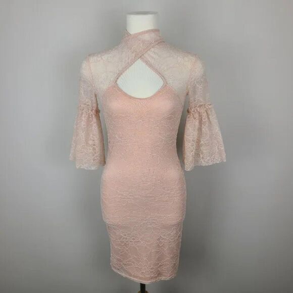 TFNC London Darren Bell Sleeve Lace Peach Bodycon Mini Dress Small - Picture 3 of 17